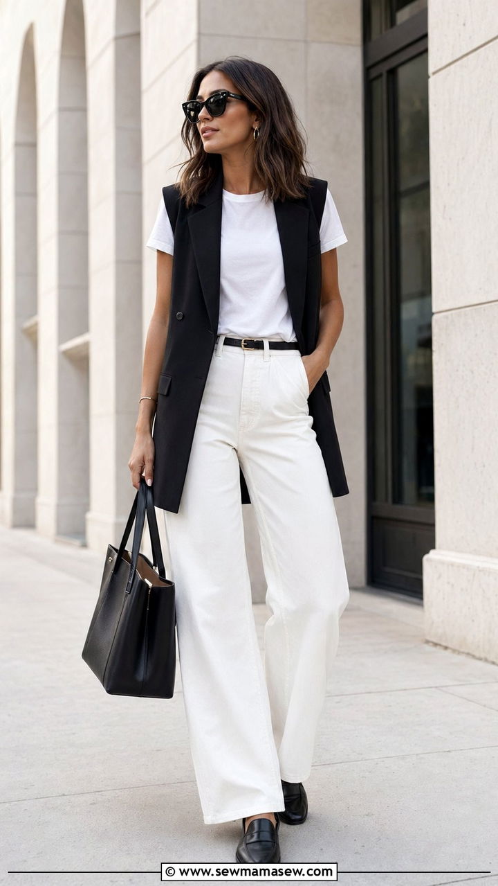 White Jeans With Longline Vest and Loafers - 30 white jeans outfit ideas for women