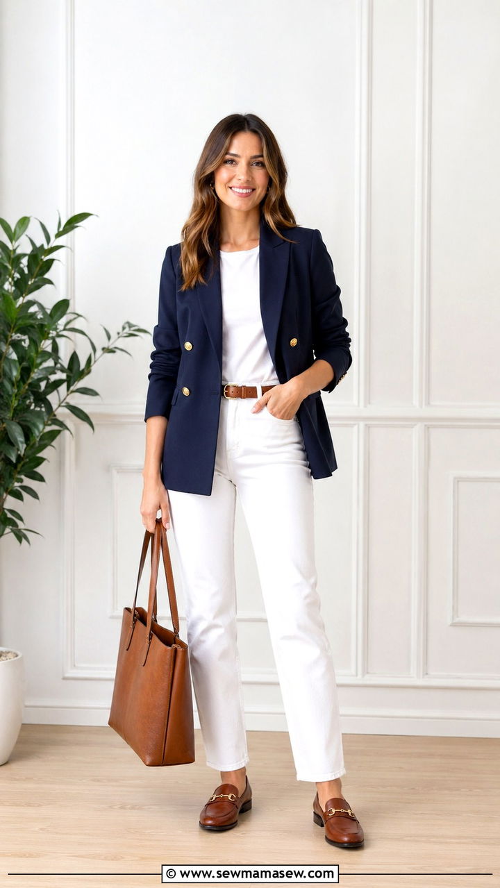 White Jeans With Navy Blazer And Brown Leather Loafers - 30 Spring closet must haves