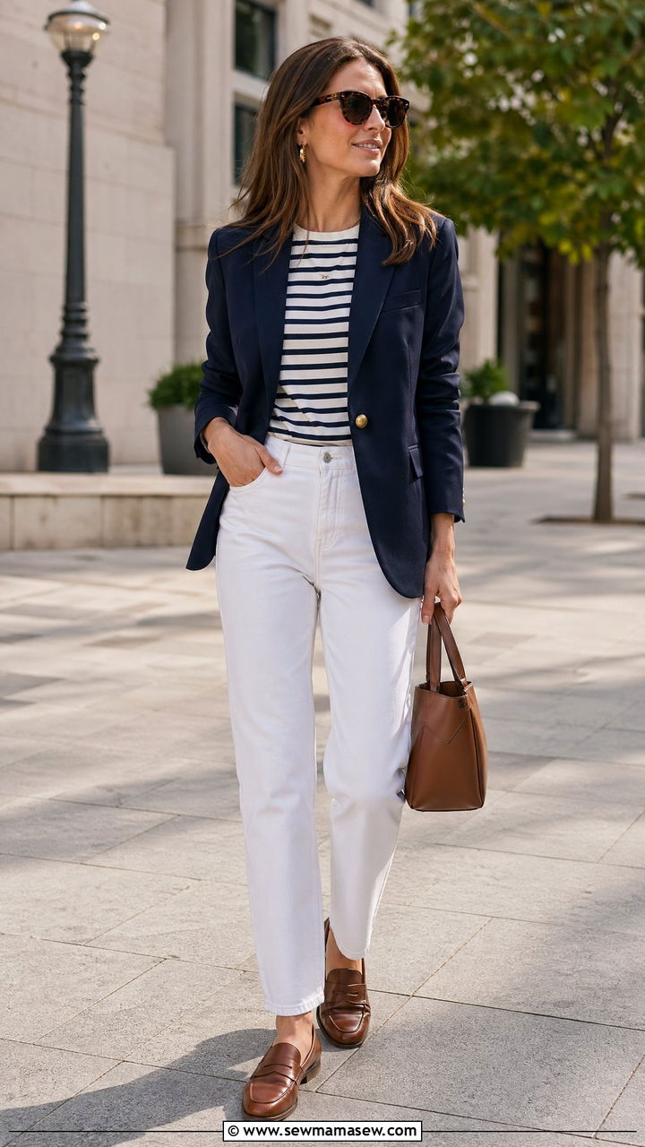 White Jeans With Navy Blazer And Striped Top - 35 summer work outfit ideas