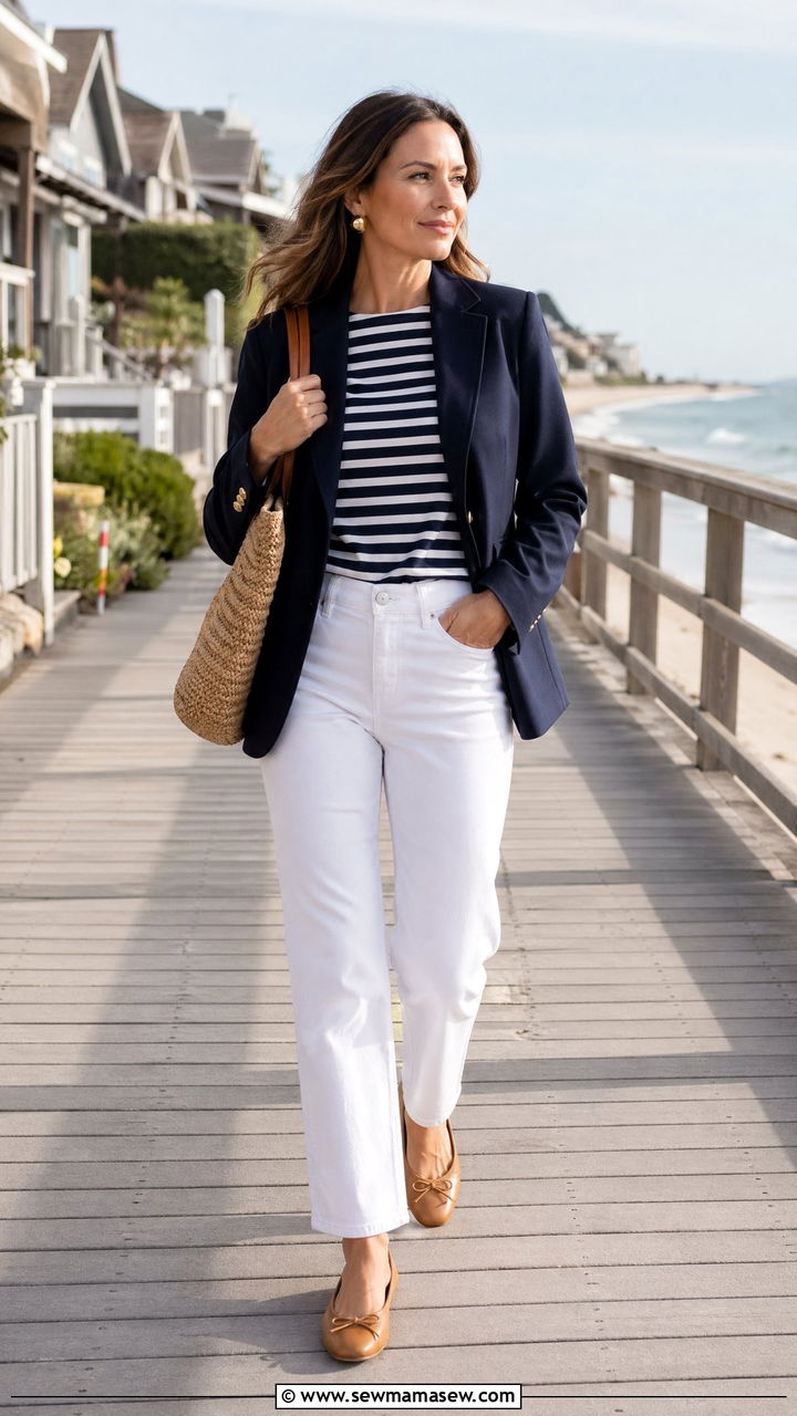 White Jeans With Navy Blazer And Striped Top - 35 classy jeans outfits