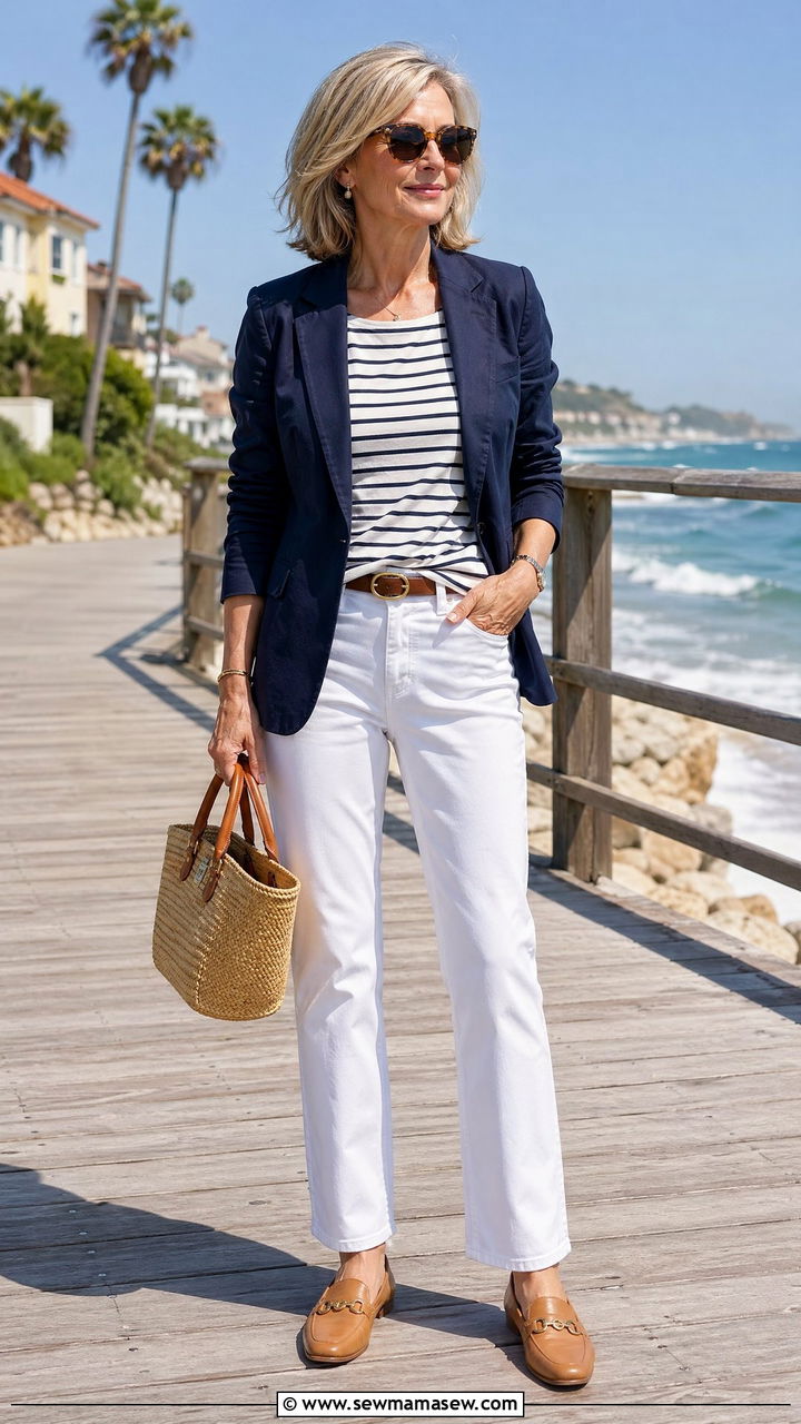 White Jeans With Navy Blazer For Coastal Vacation - 35 Travel outfits for women over 50