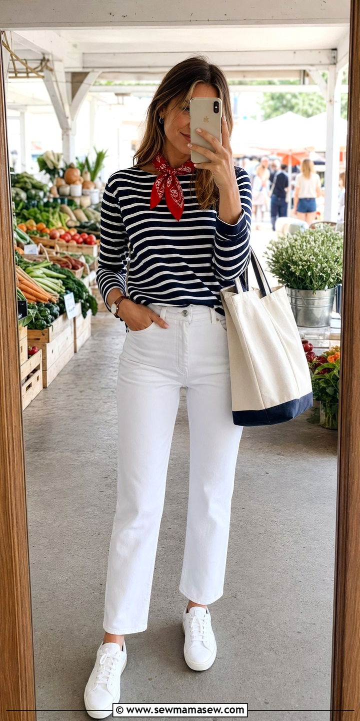 White Jeans With Navy Stripe Top - 35 Preppy vacation outfits