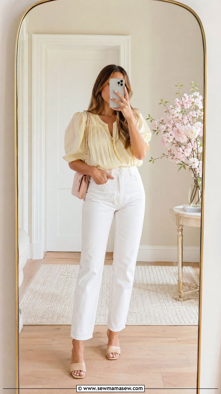 White Jeans With Pastel Blouse Outfit - 35 Spring outfits for women