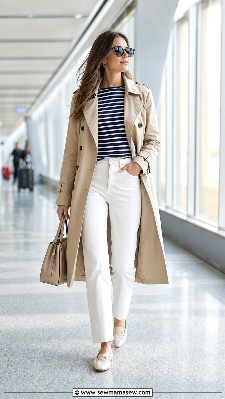 White Jeans With Striped Top And Trench Coat - 30 airport outfits Pinterest