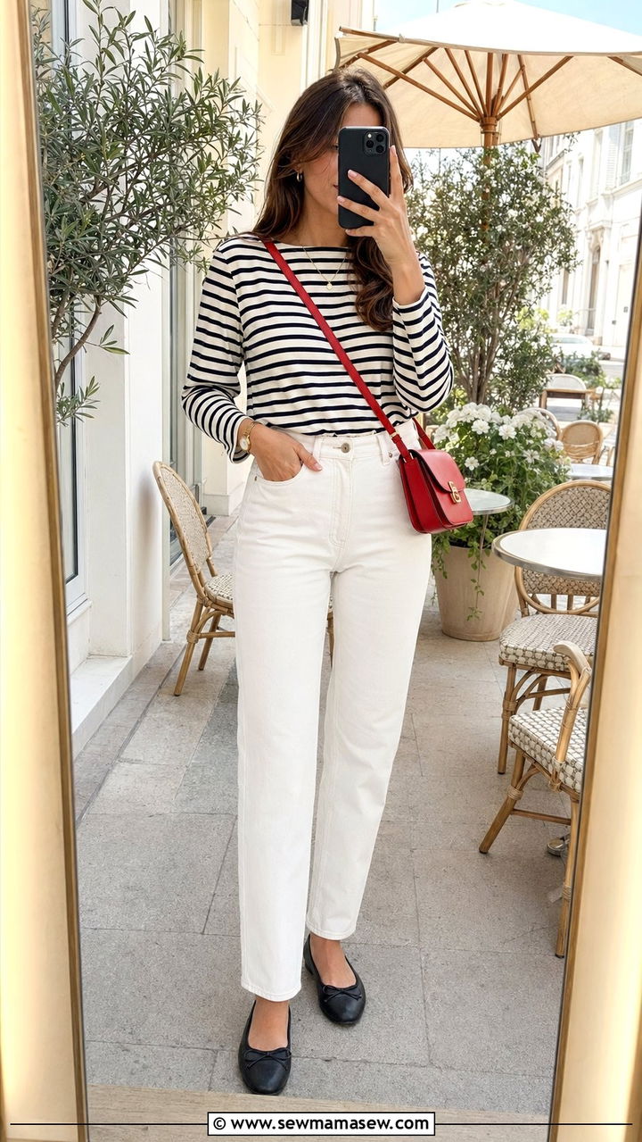 White Jeans With Striped Top and Ballet Flats - 30 white jeans outfit ideas for women