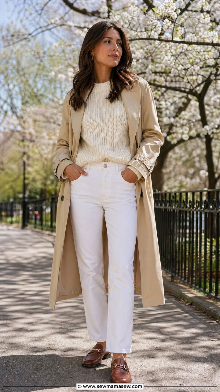 White Jeans With a Chunky Sweater and Trench Coat - 35 transitional outfit ideas for women