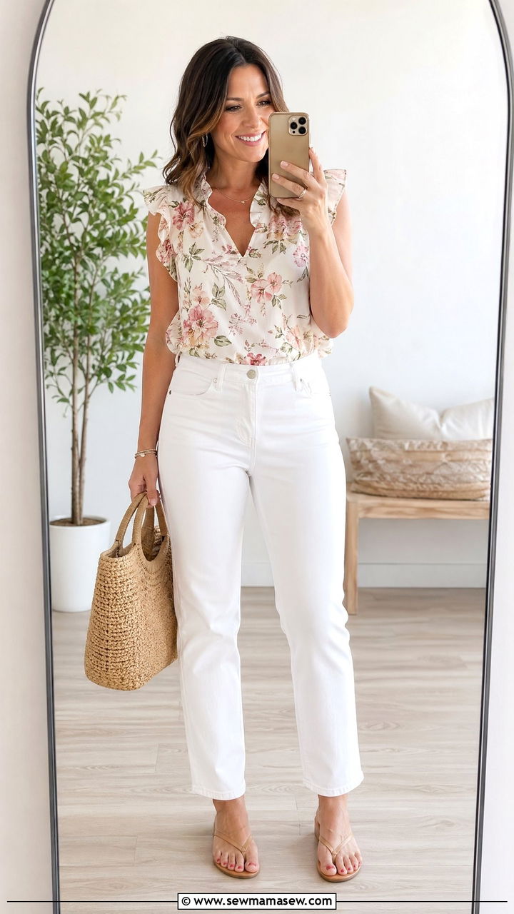White Jeans and Blouse Outfit - 35 Summer family reunion outfits