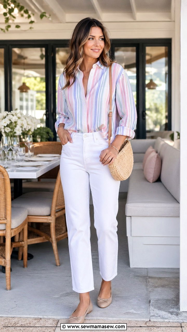 White Jeans and Button Down for Spring Gathering - 30 Spring family reunion outfits