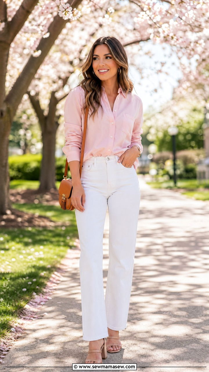 White Jeans and Pastel Button Down Shirt - 35 spring mother's day outfit ideas