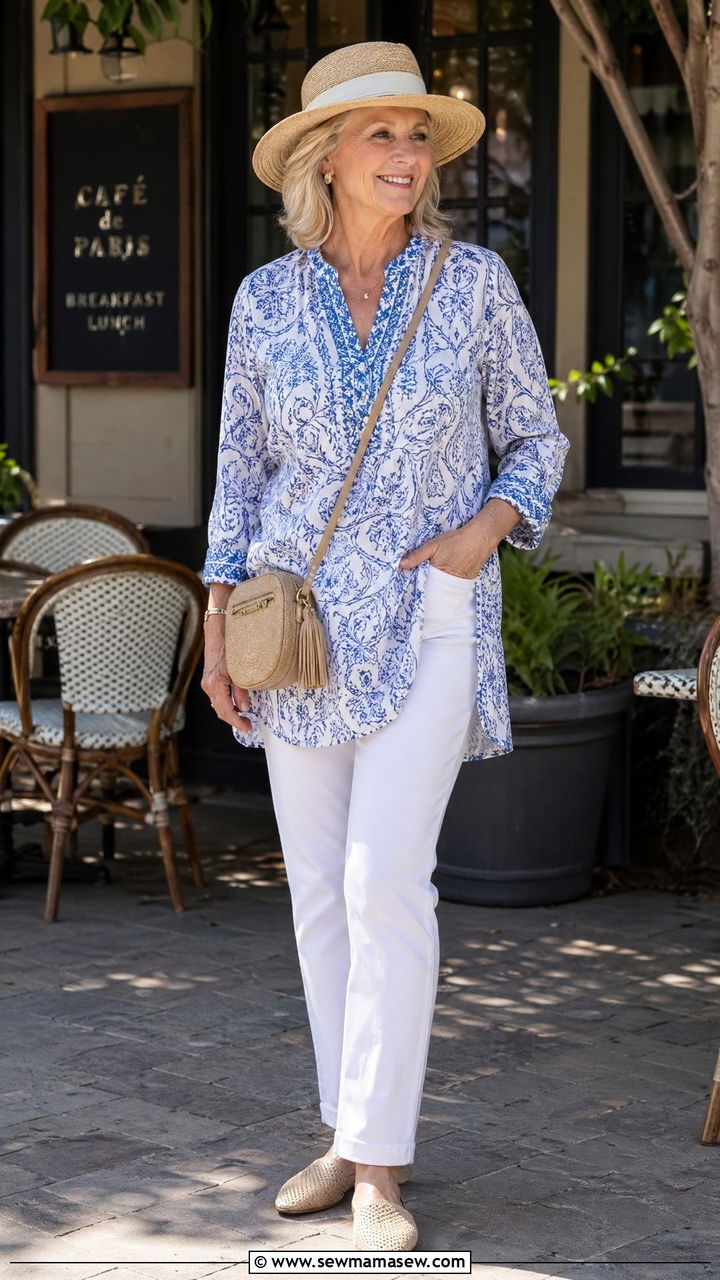 White Jeans and Tunic Top Outfit - 35 Summer outfits for women over 60