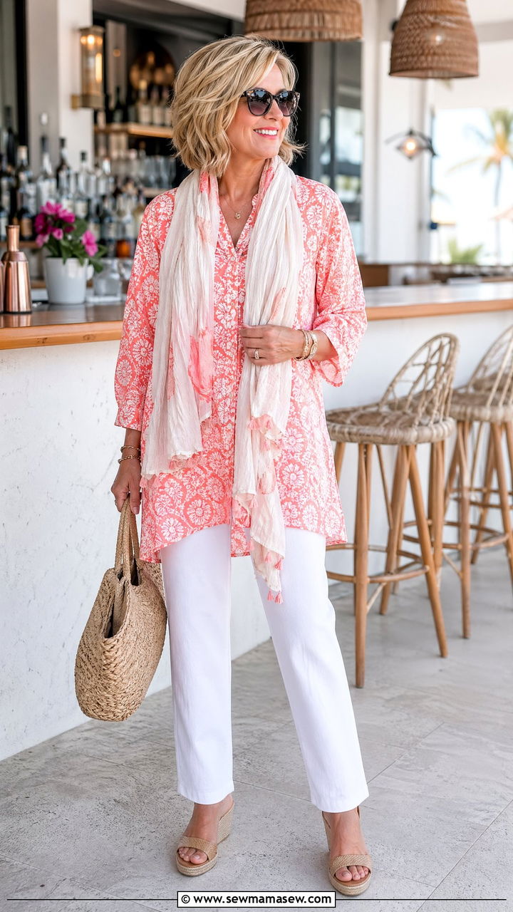 White Jeans and Tunic Top Vacation Outfit - 35 Vacation outfits for women over 60