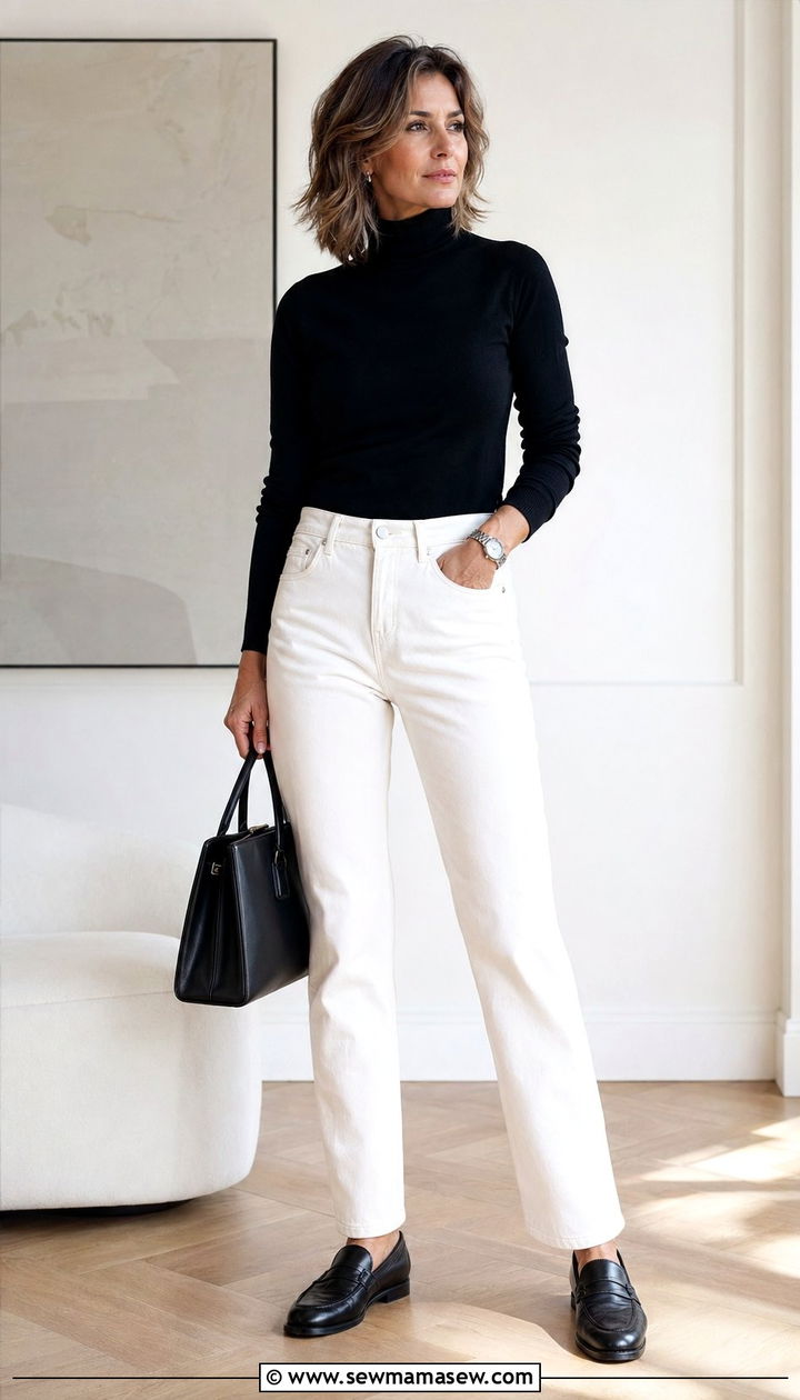White Jeans and a Black Turtleneck With Loafers - 30 white jeans outfits for women over 40