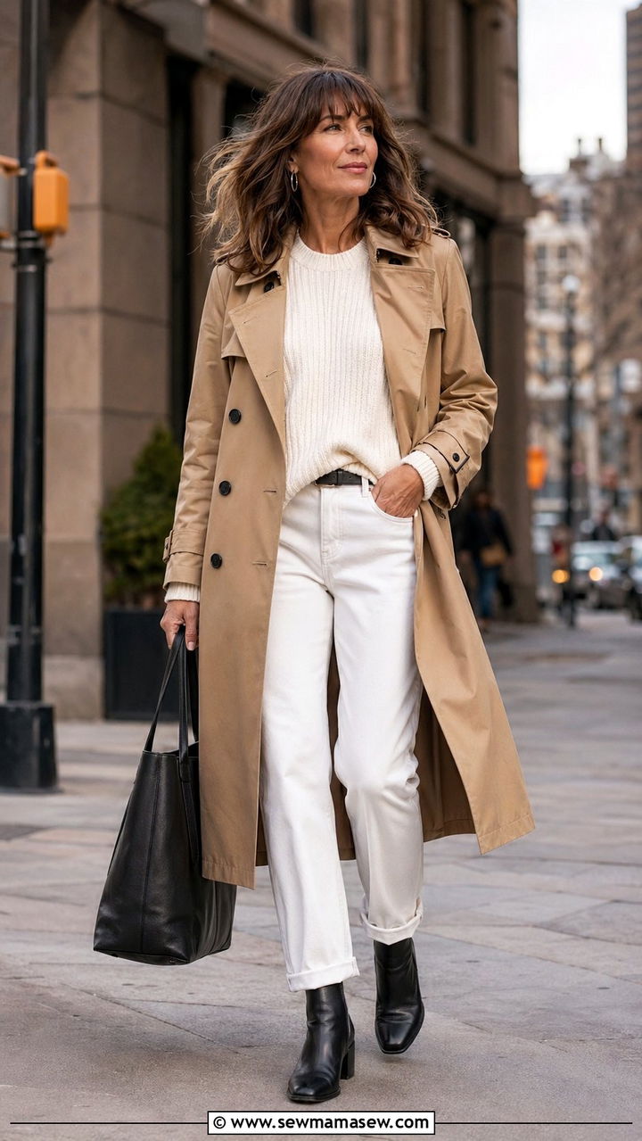 White Jeans and a Camel Trench Coat With Ankle Boots - 30 white jeans outfits for women over 40