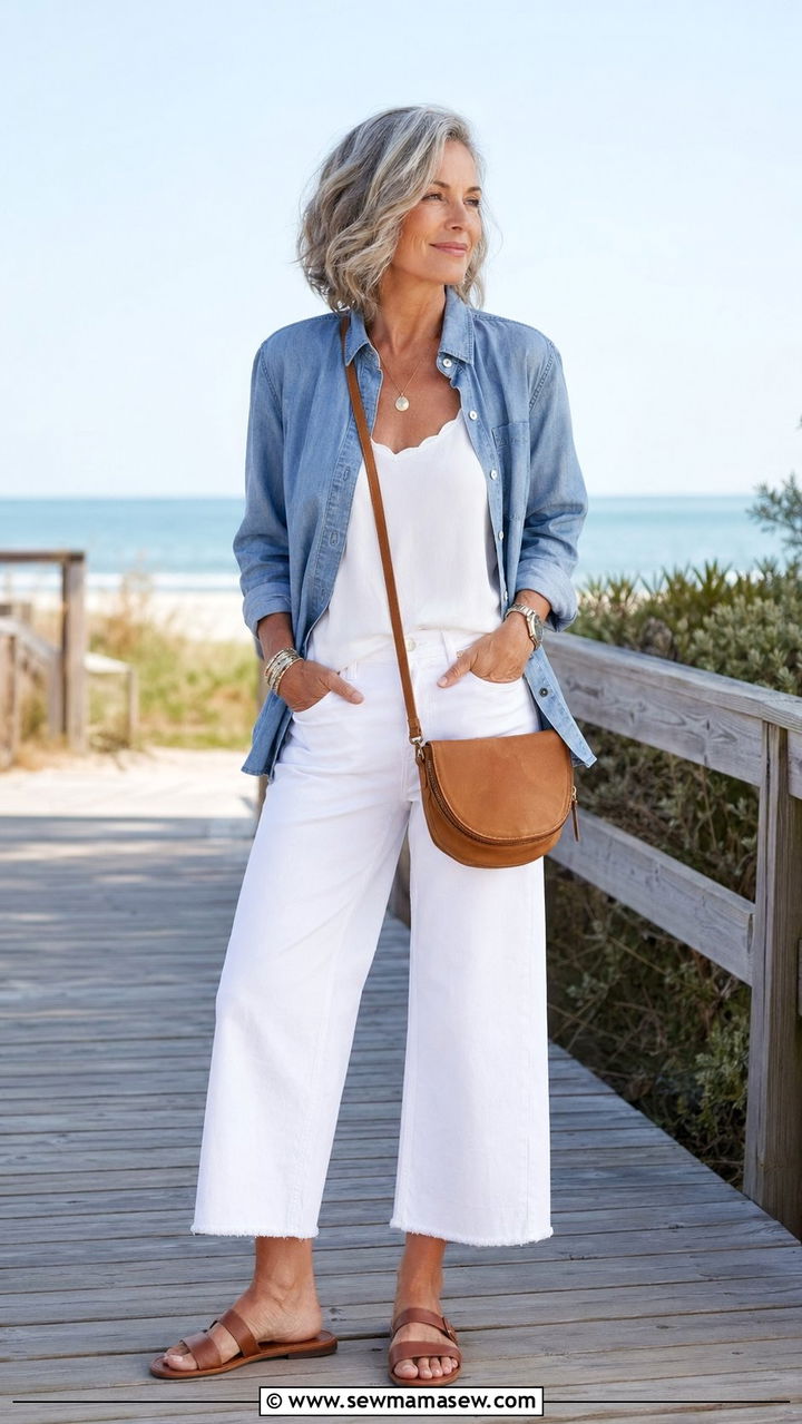 White Jeans and a Chambray Shirt With Flat Sandals - 30 white jeans outfits for women over 40