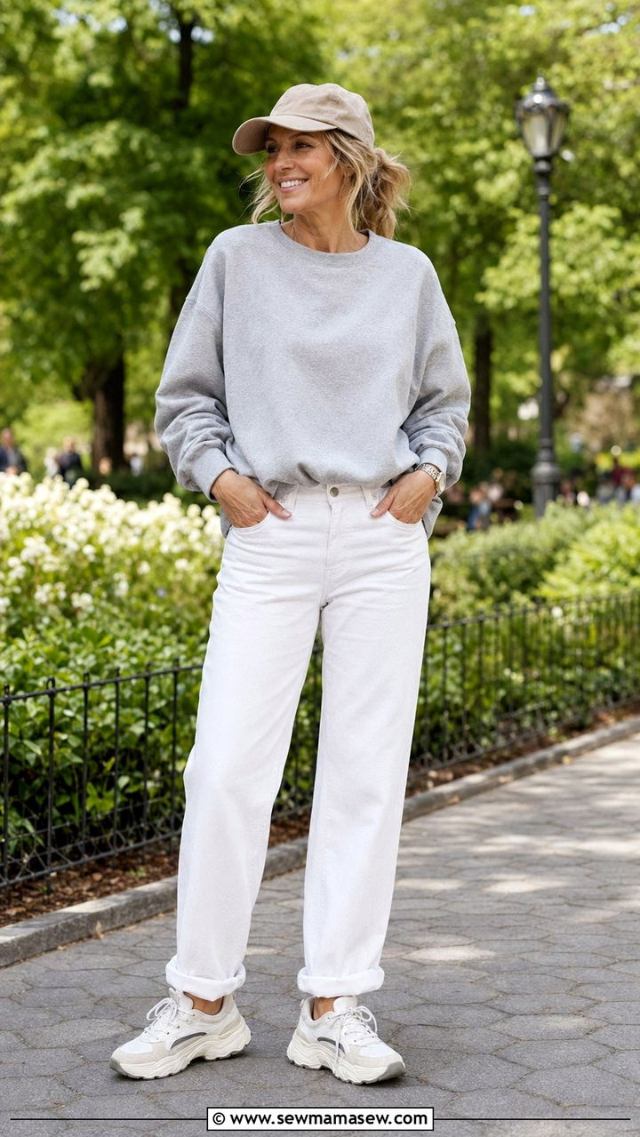 White Jeans and a Crewneck Sweatshirt With Dad Sneakers - 30 white jeans outfits for women over 40