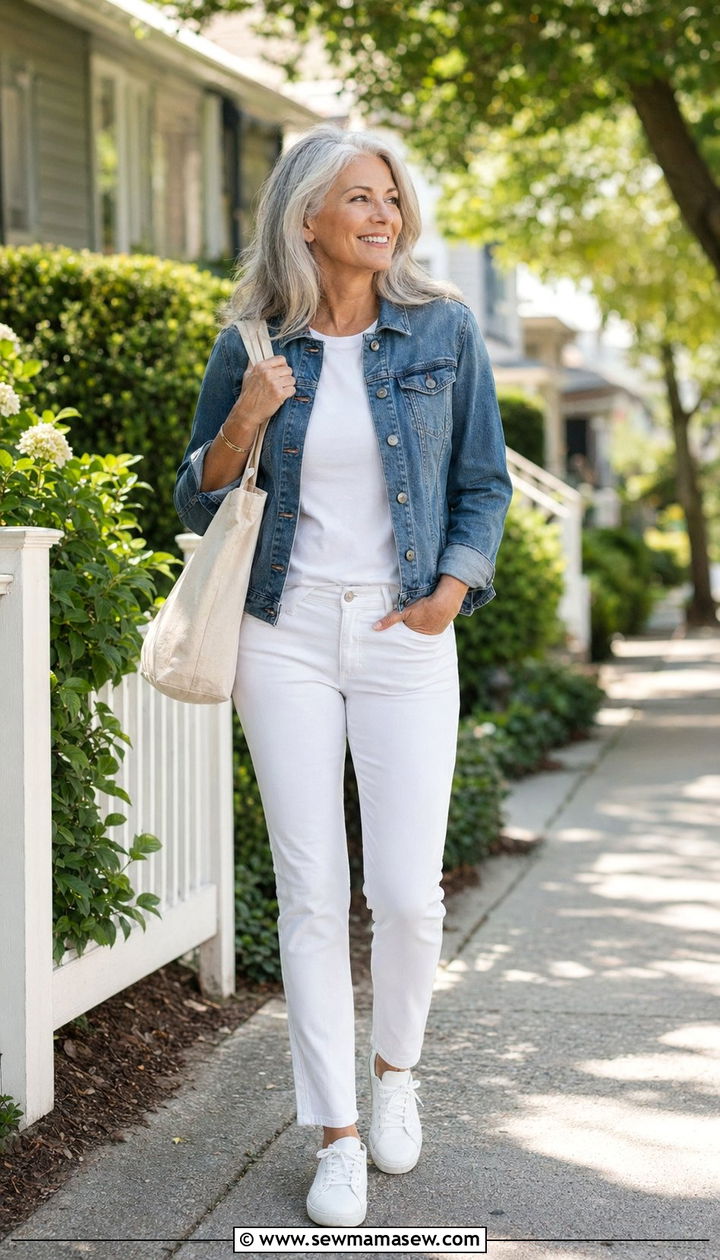 White Jeans and a Denim Jacket With White Sneakers - 30 white jeans outfits for women over 40