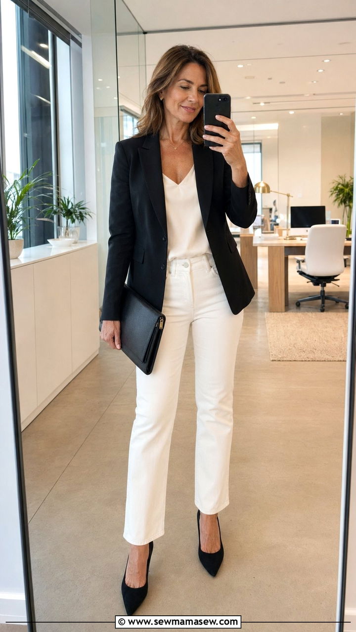 White Jeans and a Fitted Blazer With Pumps - 30 white jeans outfits for women over 40