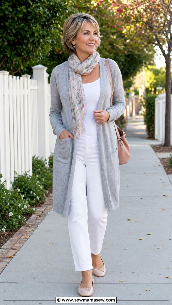 White Jeans and a Long Cardigan With Ballet Flats - 30 white jeans outfits for women over 40