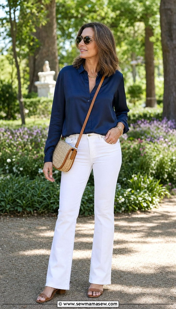 White Jeans and a Navy Blouse With Sandals - 30 white jeans outfits for women over 40