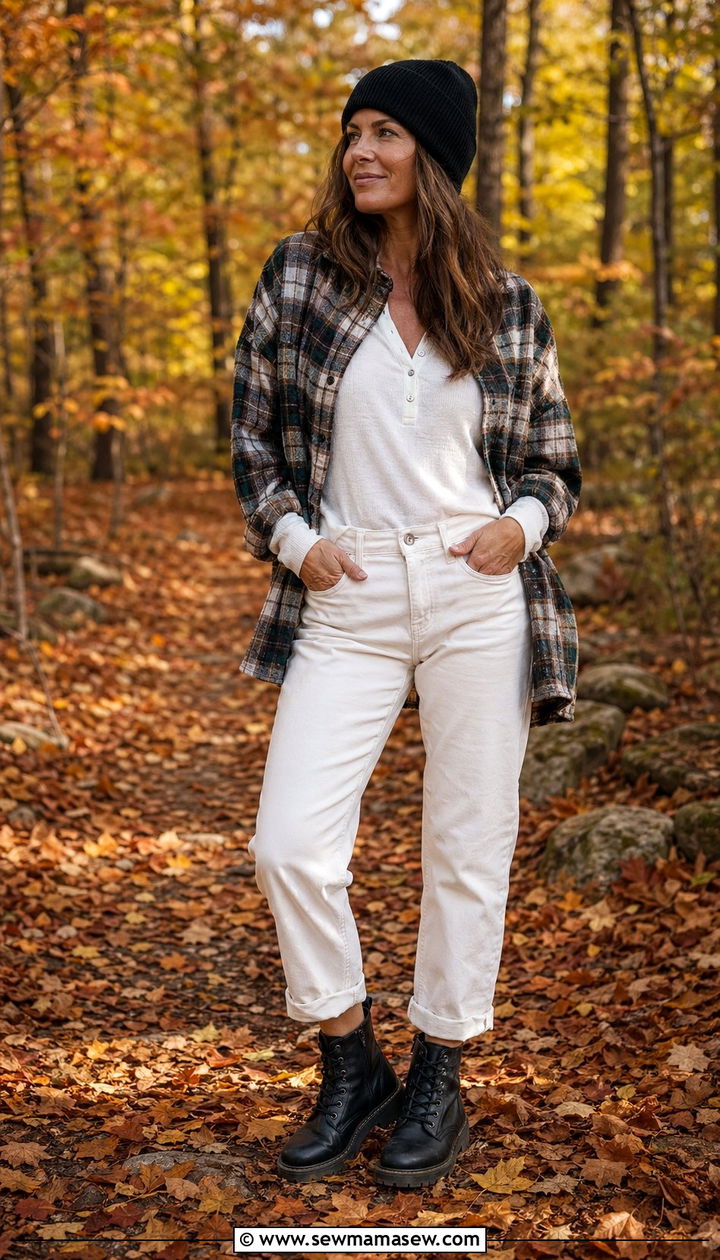 White Jeans and a Plaid Flannel Shirt With Combat Boots - 30 white jeans outfits for women over 40