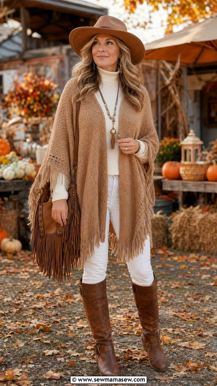 White Jeans and a Poncho With Knee High Boots - 30 white jeans outfits for women over 40