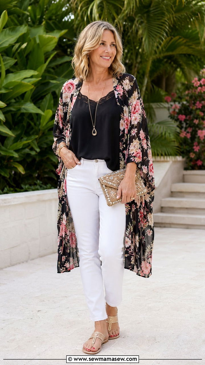 White Jeans and a Printed Kimono With Flat Sandals - 30 white jeans outfits for women over 40