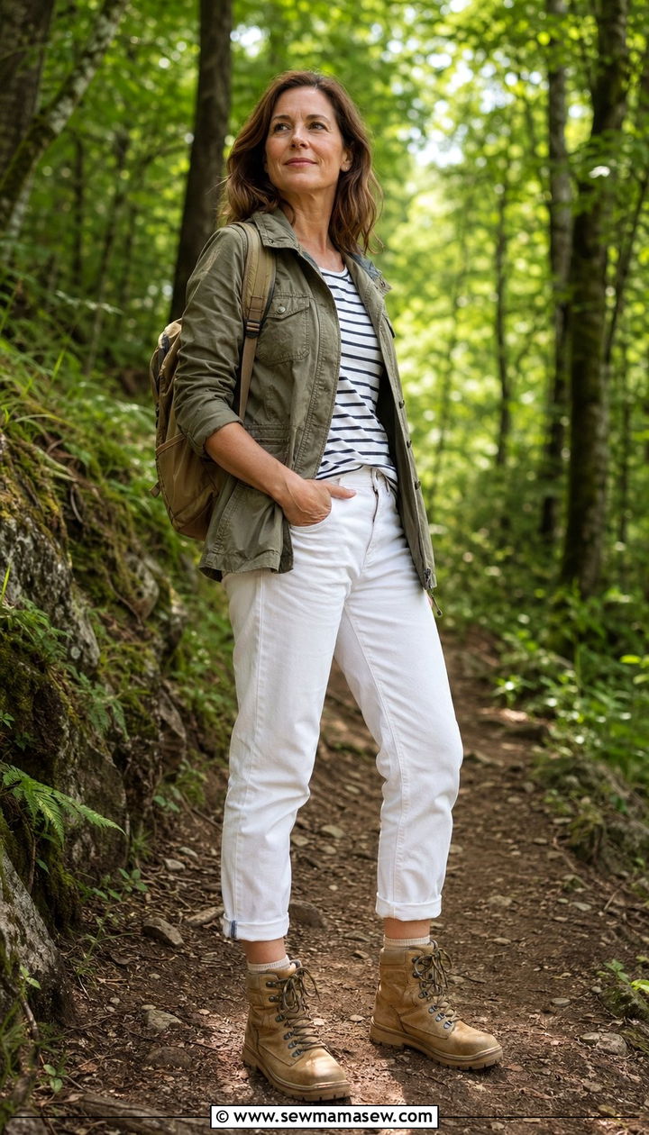 White Jeans and a Utility Jacket With Hiking Style Boots - 30 white jeans outfits for women over 40
