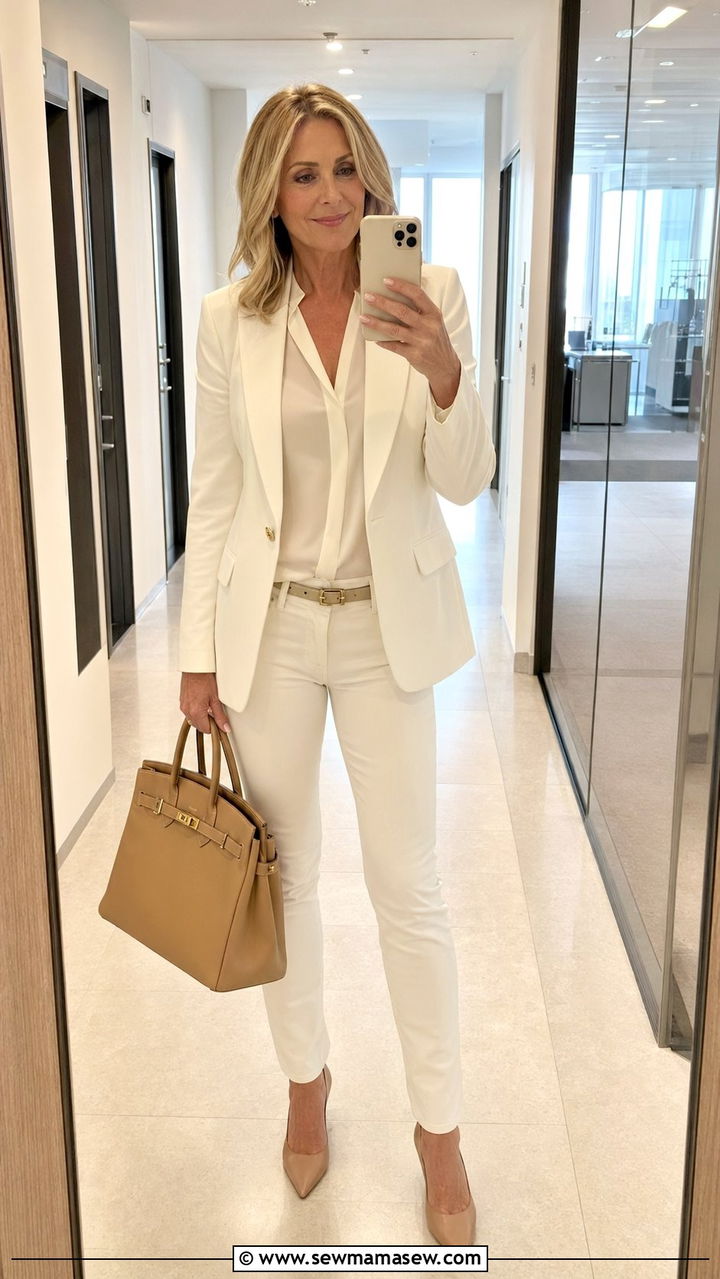 White Jeans and a White Blazer Outfit for Work - 30 white jeans outfits for women over 40