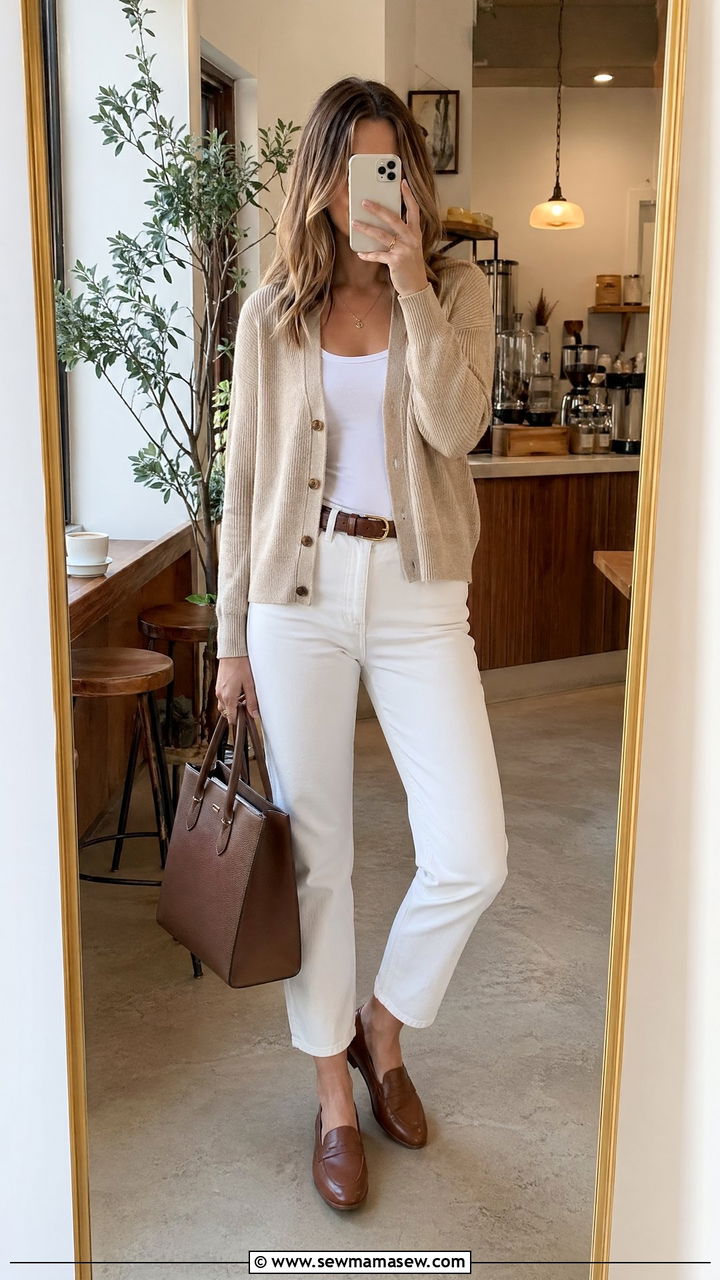 White Jeans with Beige Cardigan and Brown Loafers - 35 white jeans outfit ideas