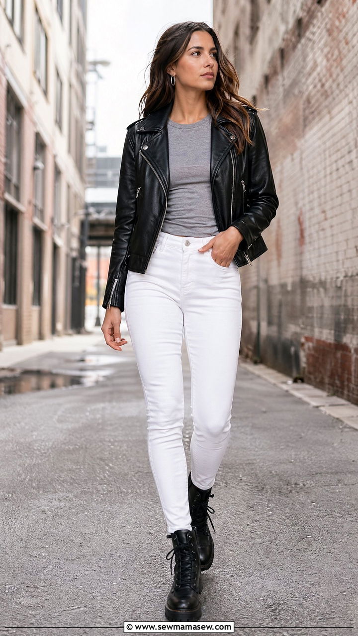 White Jeans with Black Leather Jacket and Combat Boots - 35 white jeans outfit ideas