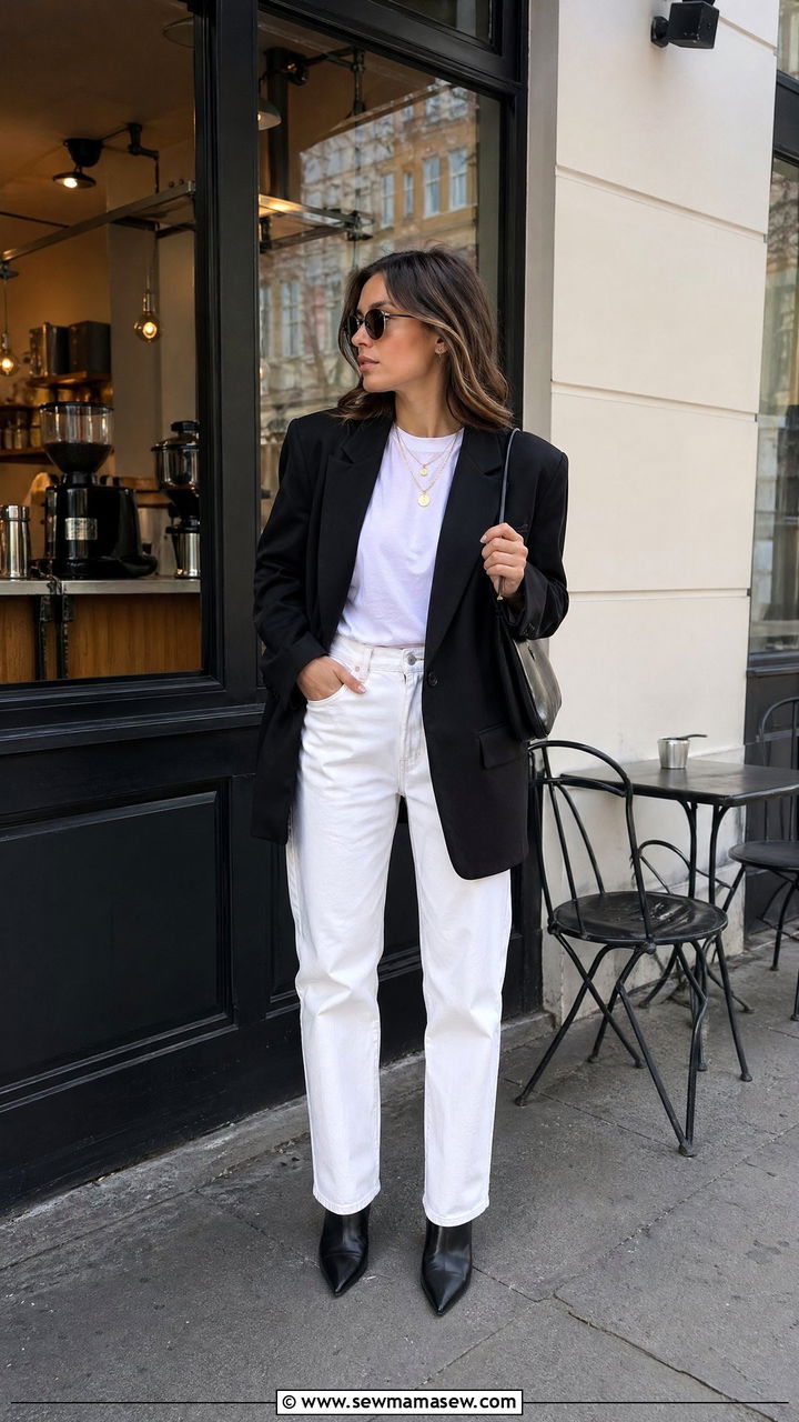 White Jeans with Boyfriend Blazer and White Tee - 35 white jeans outfit ideas