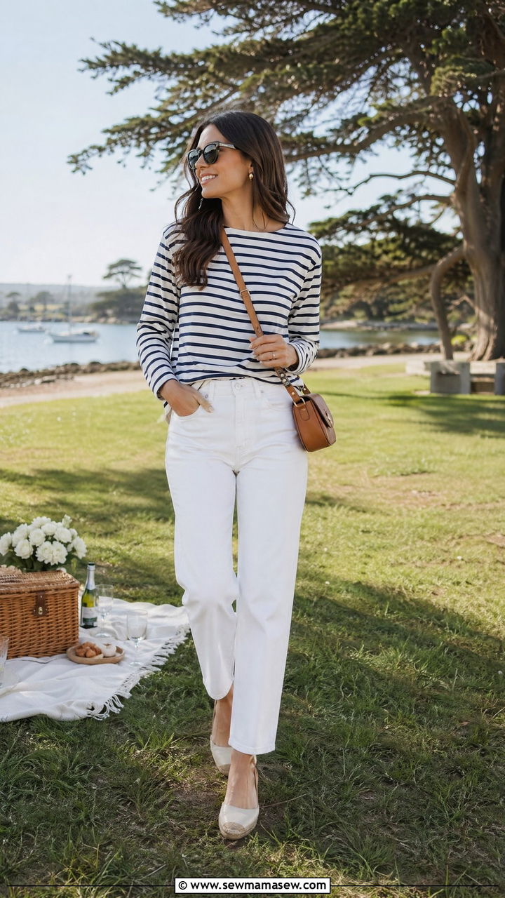 White Jeans with Breton Stripe Top - 35 Spring picnic outfit ideas