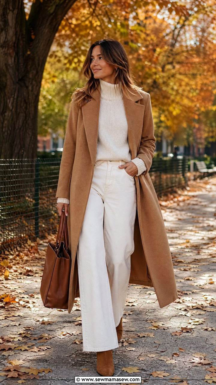 White Jeans with Camel Coat and Brown Ankle Boots - 35 white jeans outfit ideas