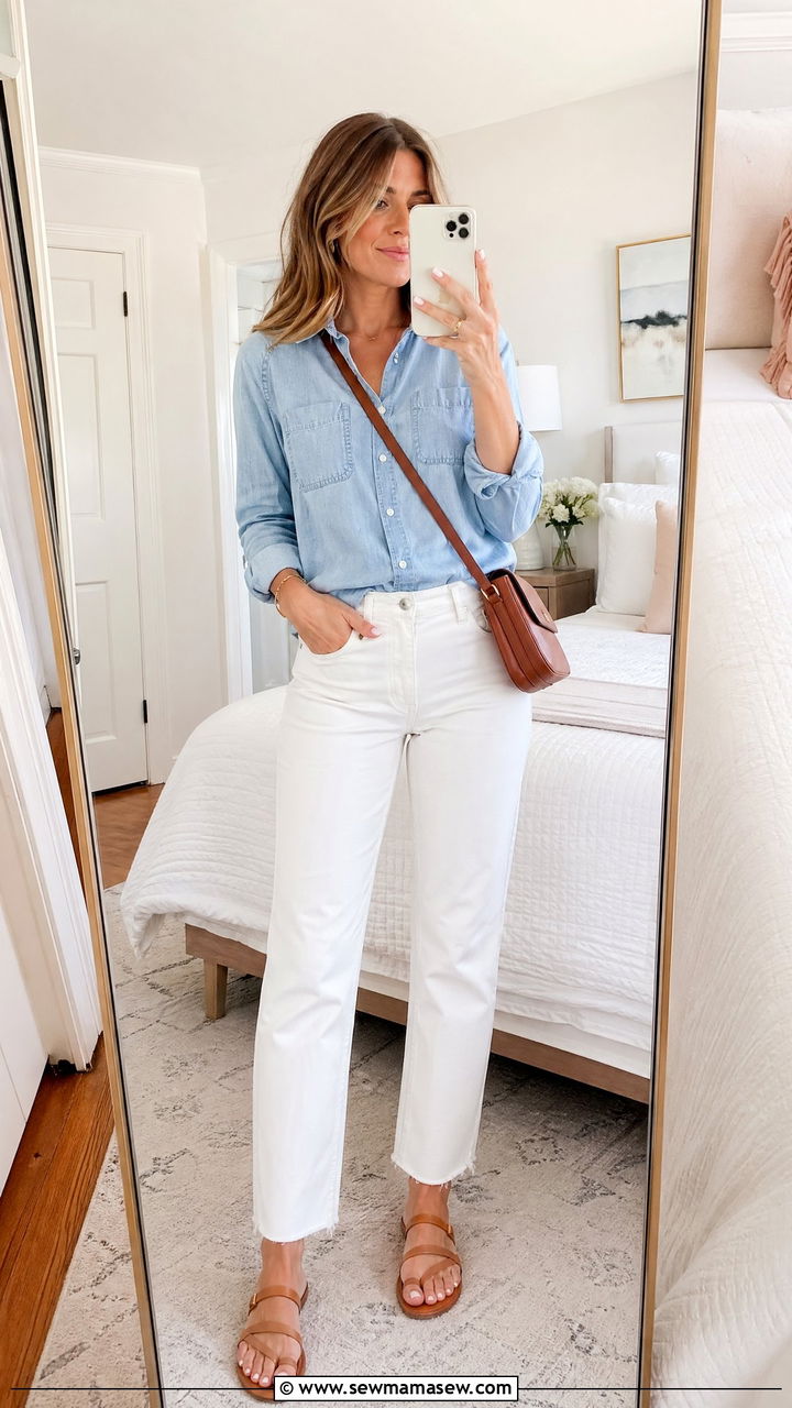 White Jeans with Chambray Shirt Summer Outfit Over 40 - 35 summer outfit ideas for women over 40