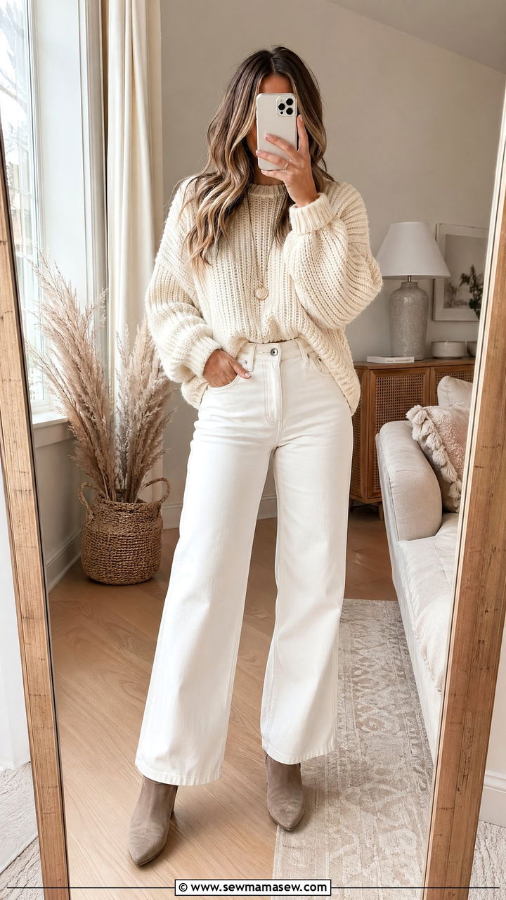 White Jeans with Chunky Knit Sweater and Suede Ankle Boots - 35 white jeans outfit ideas