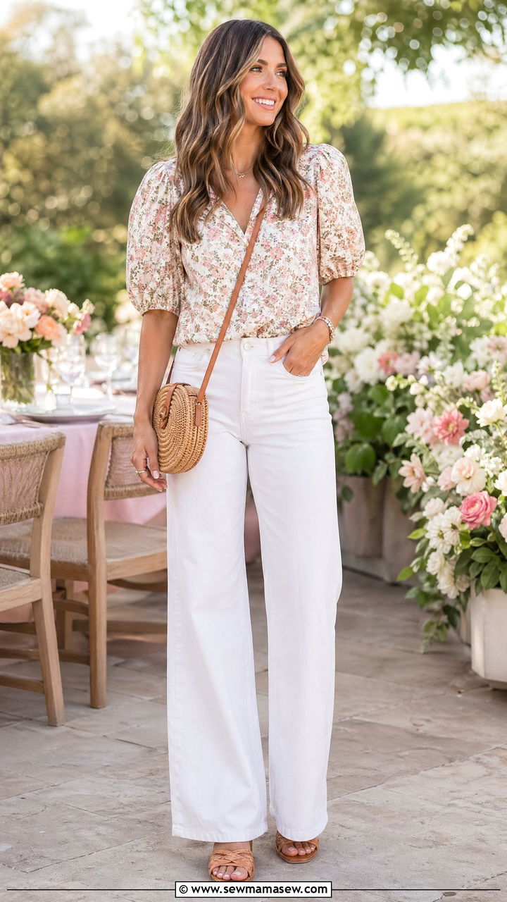 White Jeans with Floral Blouse and Woven Sandals - 35 white jeans outfit ideas