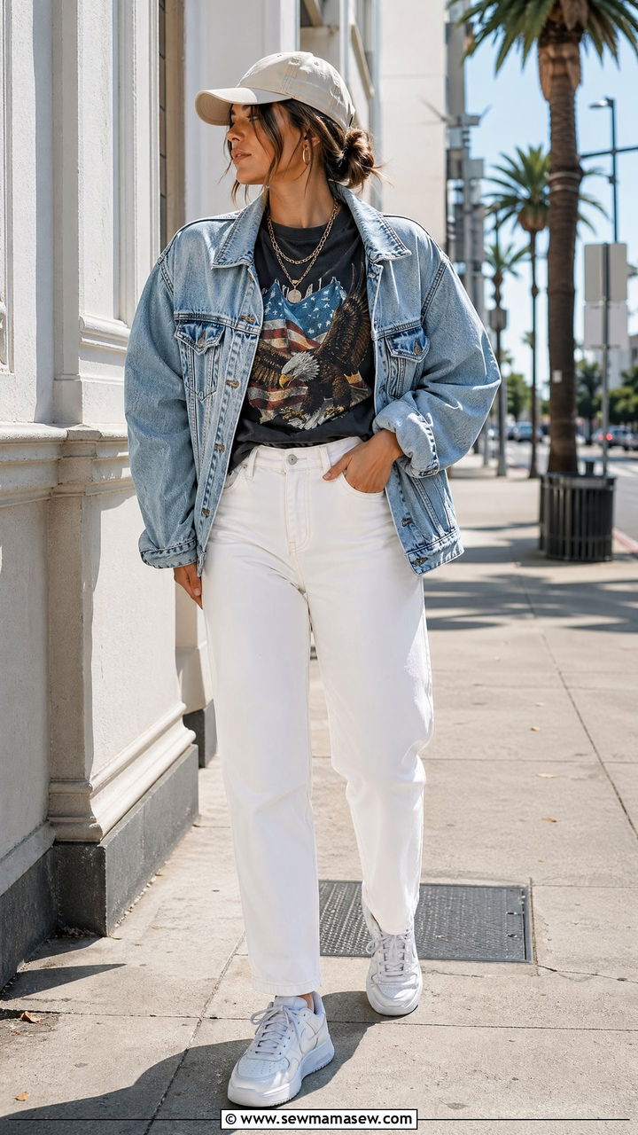 White Jeans with Graphic Tee and Oversized Denim Jacket - 35 white jeans outfit ideas