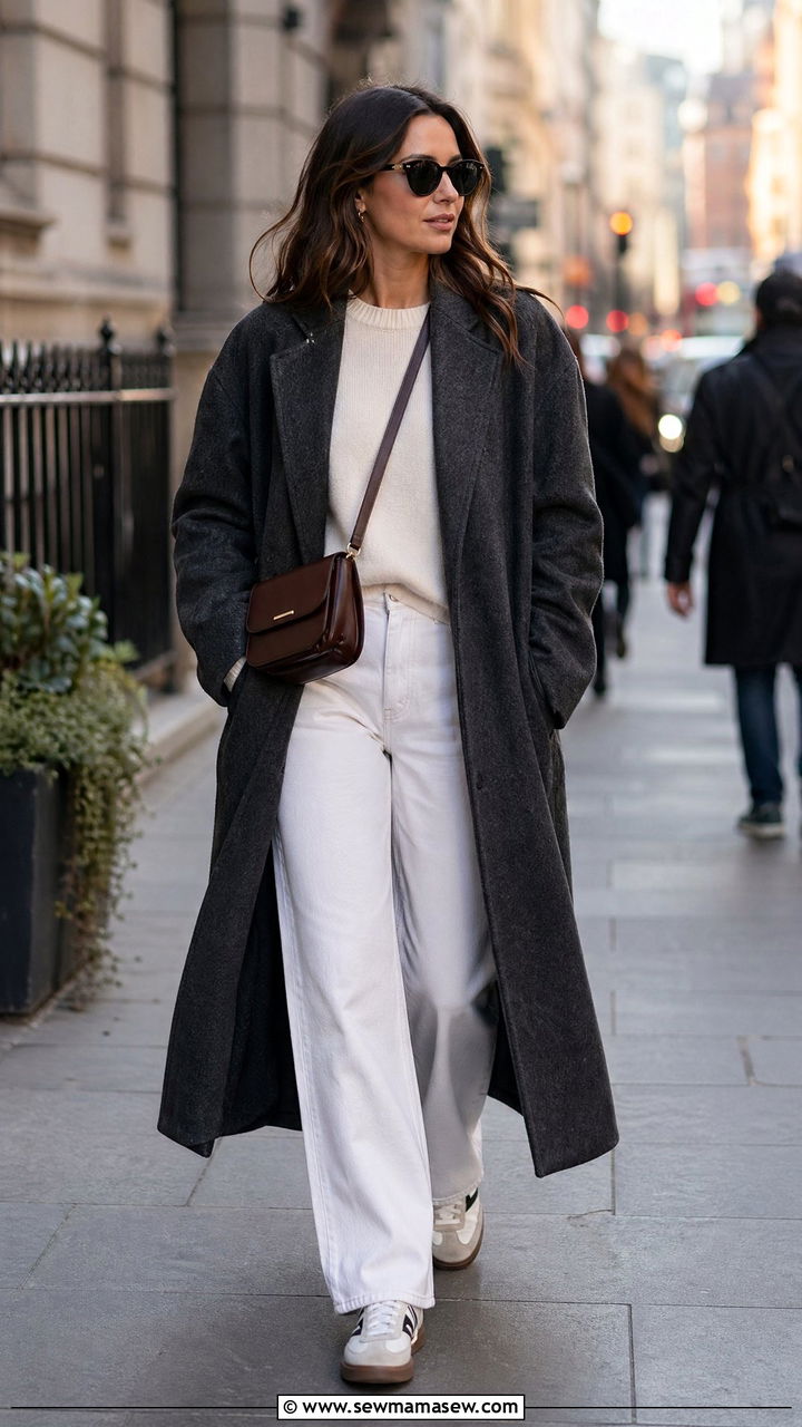 White Jeans with Long Wool Coat and Retro Trainers - 35 white jeans outfit ideas
