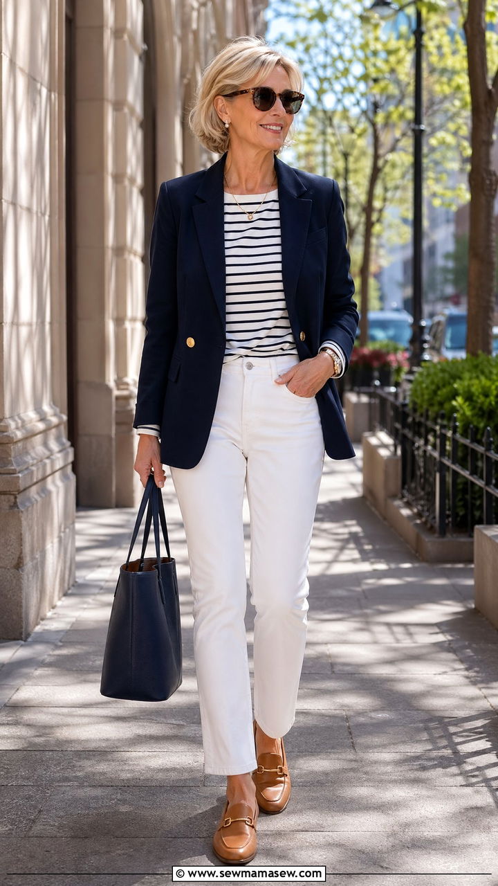 White Jeans with Navy Blazer and Striped Top - 35 Spring outfits for women over 50