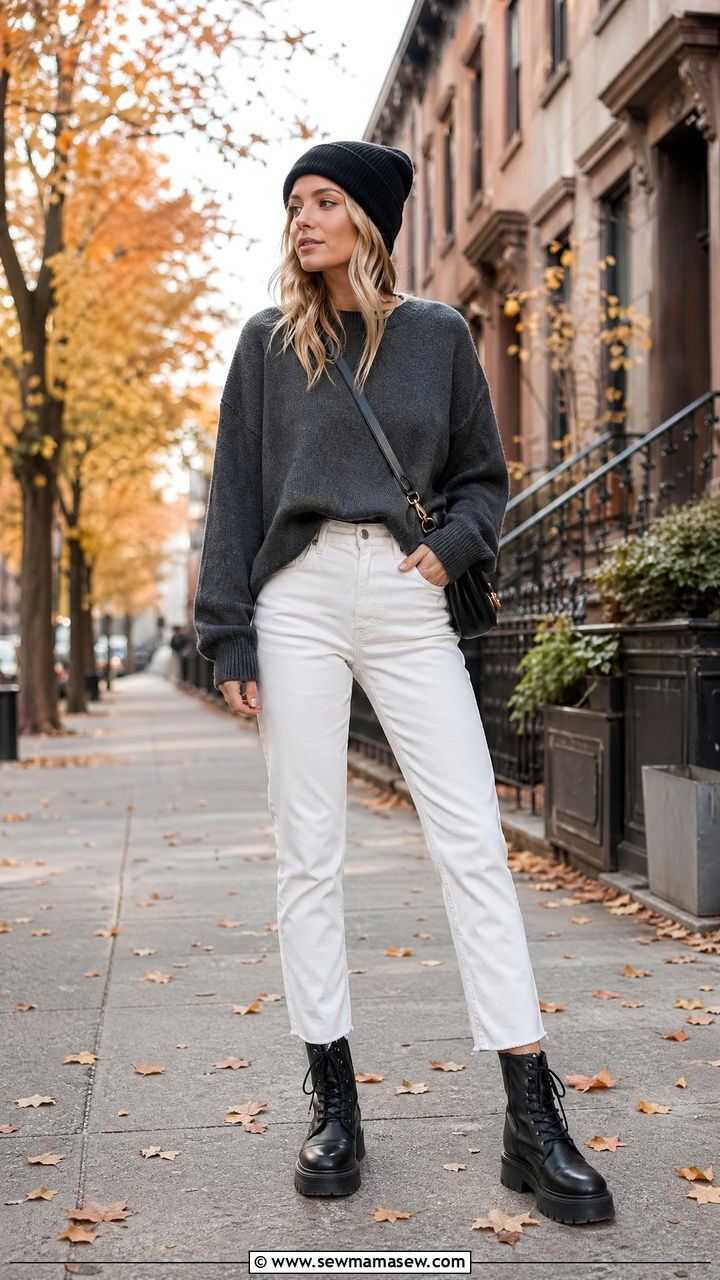 White Jeans with Oversized Sweater and Combat Boots - 35 white jeans outfit ideas