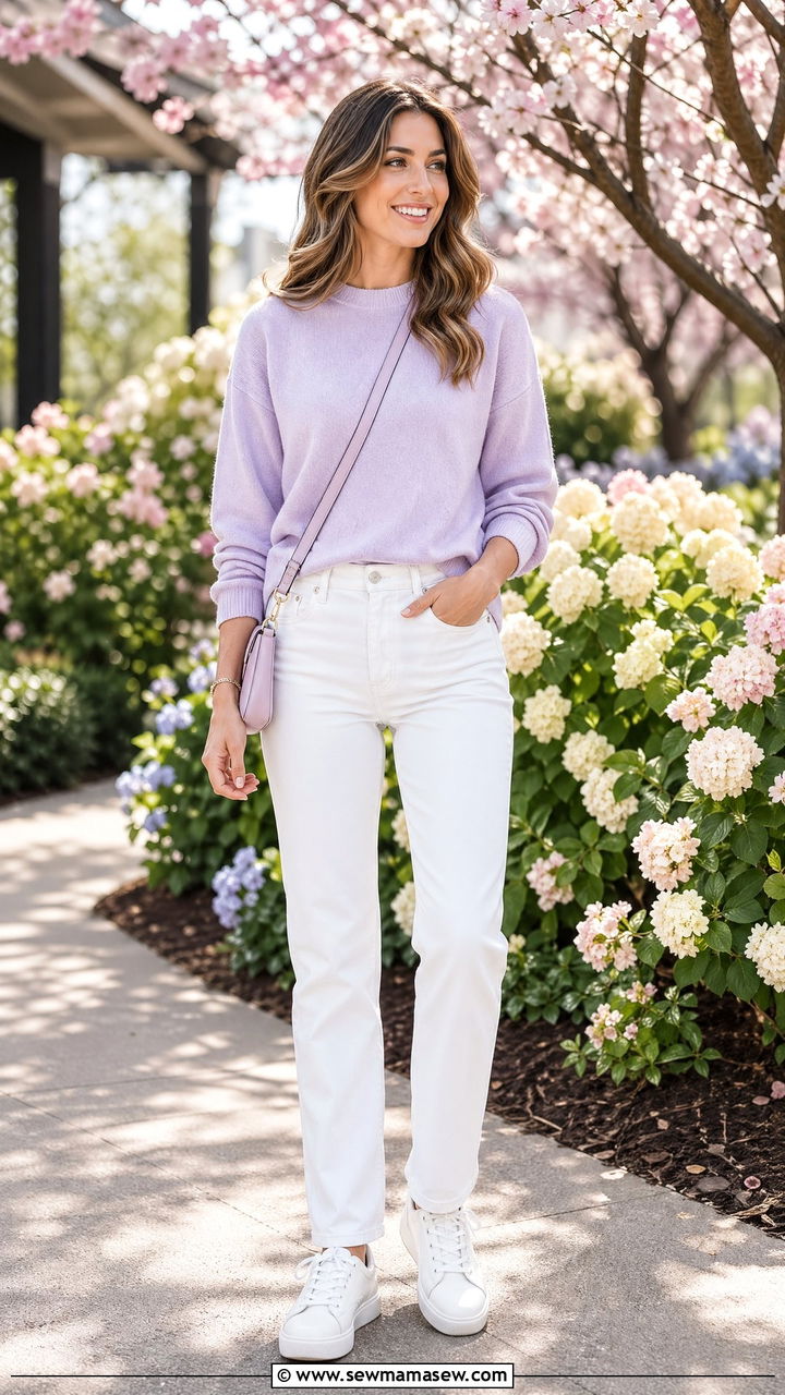 White Jeans with Pastel Sweater and White Sneakers - 35 white jeans outfit ideas