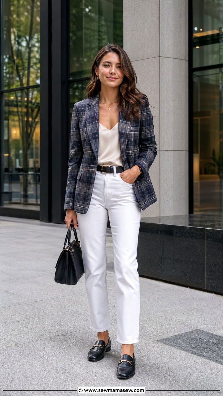 White Jeans with Plaid Blazer and Loafers - 35 white jeans outfit ideas
