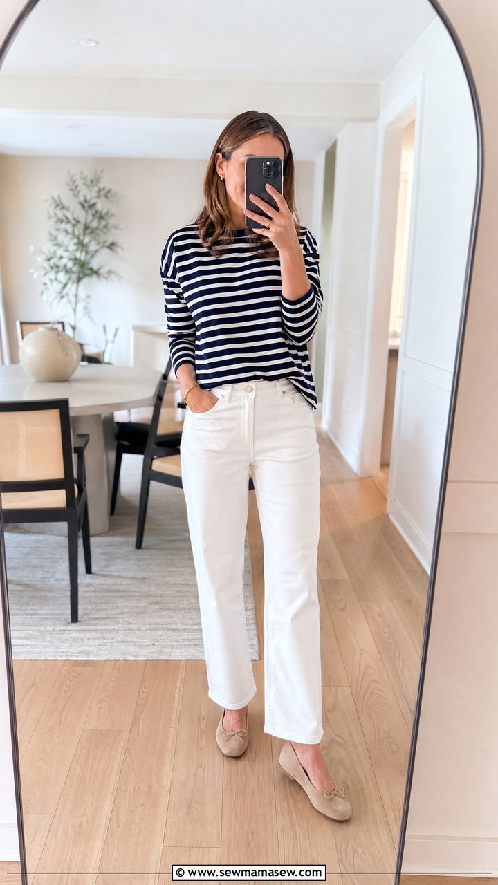 White Jeans with Striped Top and Ballet Flats - 35 Chic mom outfit ideas