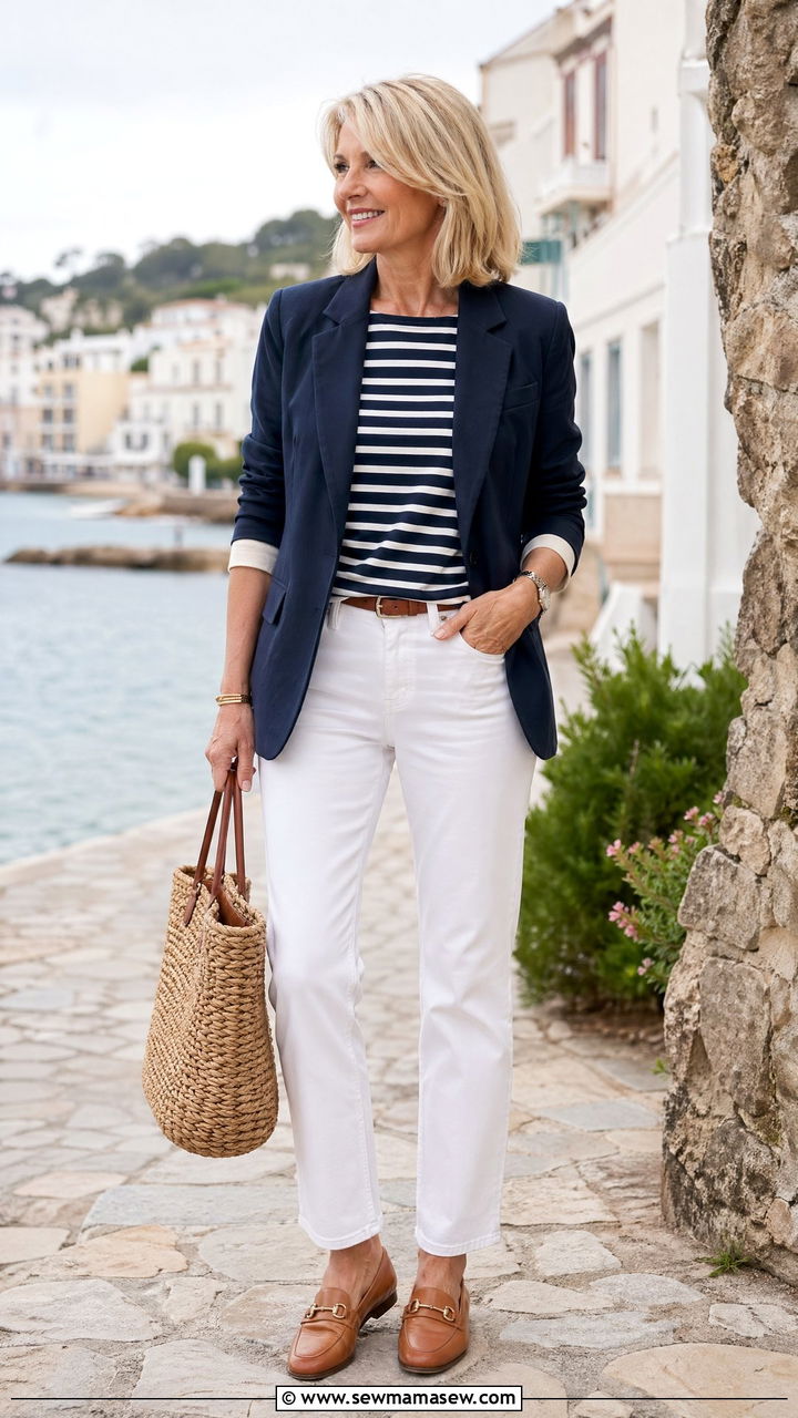 White Jeans with Striped Top and Navy Blazer - 35 Classy outfit ideas for women over 50