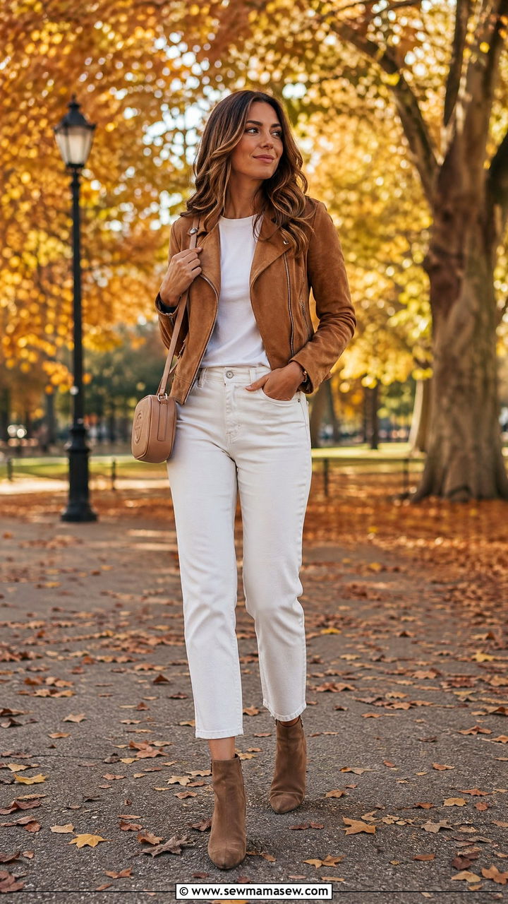 White Jeans with Suede Jacket and Ankle Boots - 35 white jeans outfit ideas