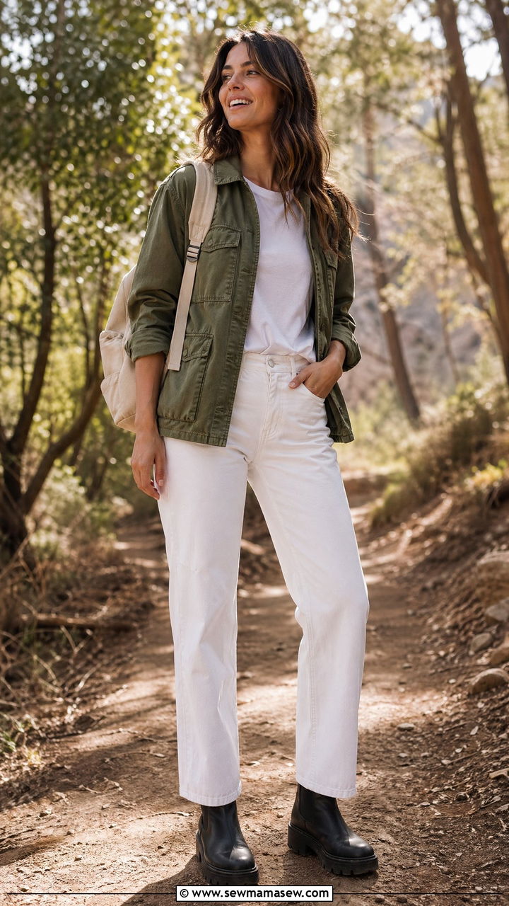 White Jeans with Utility Jacket and Lug Sole Boots - 35 white jeans outfit ideas