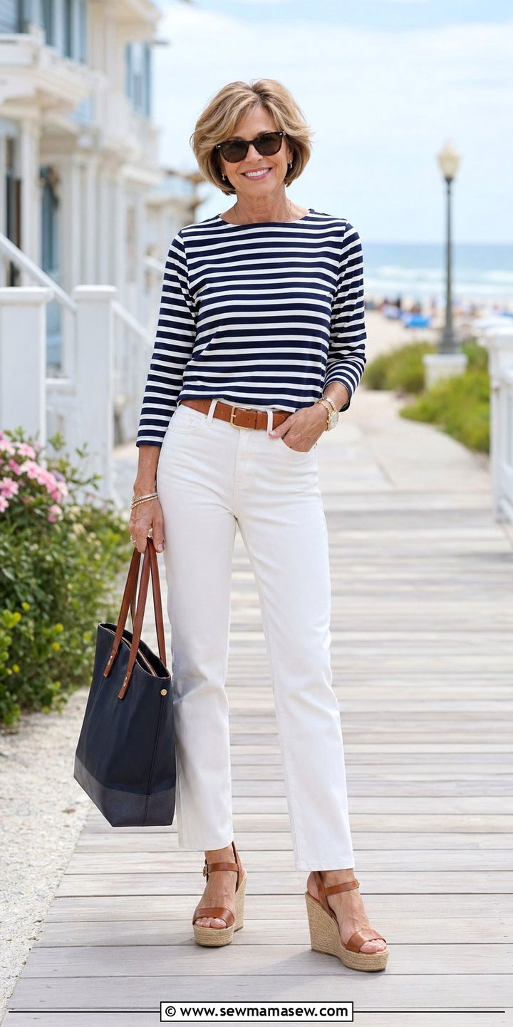 White Jeans with a Navy and White Striped Top - 35 Petite outfit ideas for women over 50