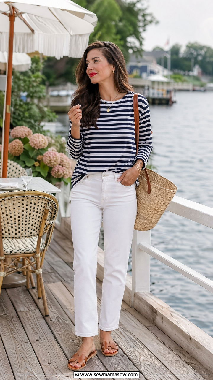 White Jeans with a Striped Breton Top - 35 what to wear to brunch