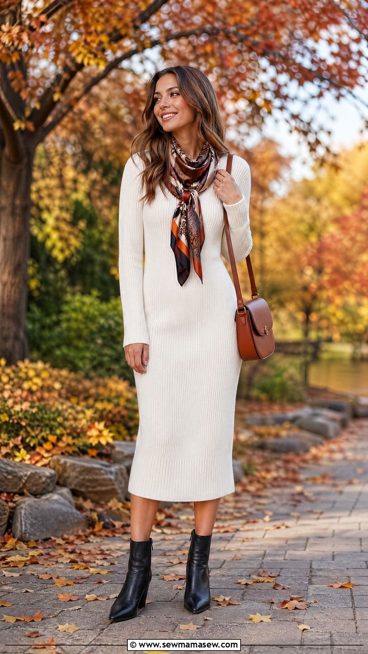 White Knit Dress with Ankle Boots and Printed Scarf - 35 white dress outfit ideas