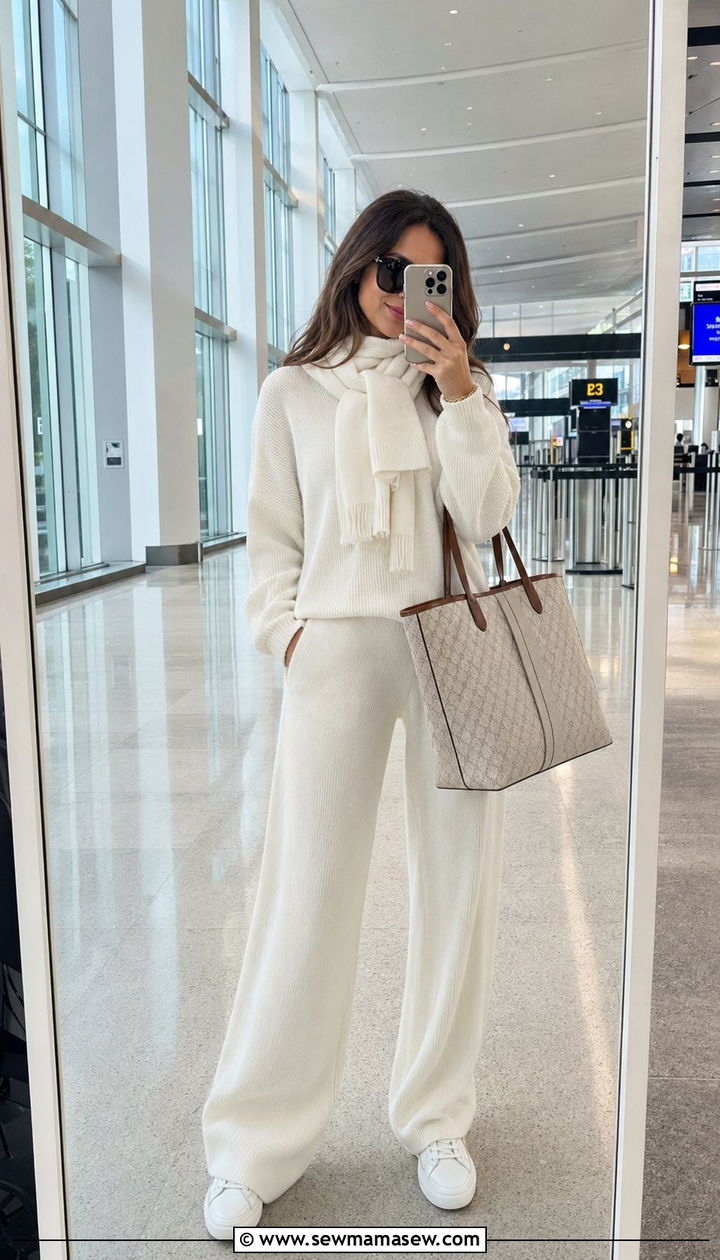 White Knit Lounge Set with Sneakers for Airport Travel - 30 White outfit ideas for summer travel